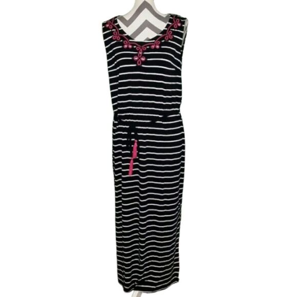 Talbots Striped Embroidered Stretchy Scoop Neck Maxi Dress Size LP Large Petite - Picture 1 of 5